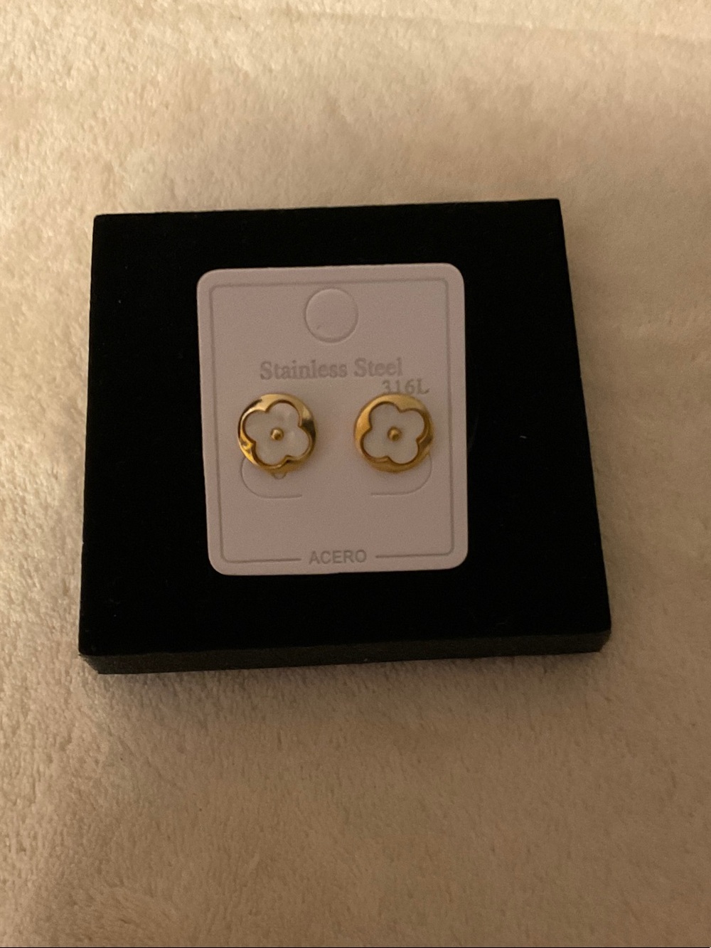 Gold-Tone Floral Stainless Steel Stud Earrings with White Enamel